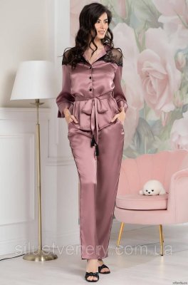 Пижама женская шелковая комплект со штанами - 8628357 - SvitStyle