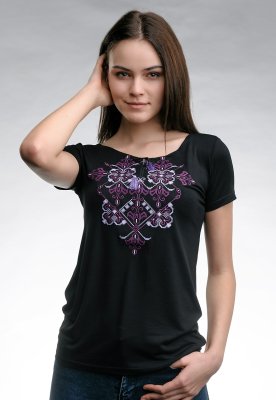 Оригінальна жіноча вишита футболка на літо в чорному кольорі «Елегія (фіолетова вишивка)» S - 8609761 - SvitStyle