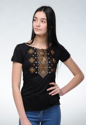 Жіноча чорна вишивка на короткий рукав «Карпатський орнамент (коричнева вишивка)» S - 8609765 - SvitStyle