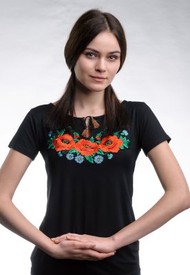 Чорна жіноча вишита футболка з квітковим орнаментом з коротким рукавом «Макове поле» S - 8609795 - SvitStyle
