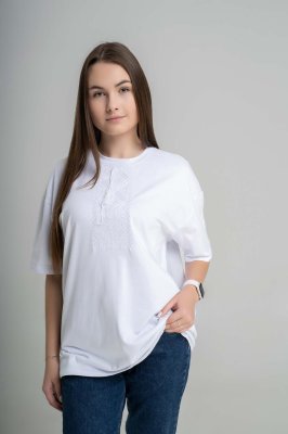 Жіноча oversize футболка з геометричним орнаментом білим по білому "Низинка" - 8613837 - SvitStyle