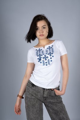 Літня жіноча вишита футболка білого кольору «Зоряне сяйво (синя вишивка)» S - 8627763 - SvitStyle