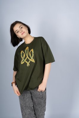 Зелена жіноча вишита оверсайз футболка з українською символікою "Тризуб" - 8628693 - SvitStyle
