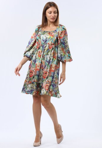 Ошатна сукня з віскозного атласу з акварельним малюнком 5746, 42 - SvitStyle