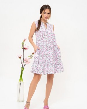 Біла квіткова сукня-трапеція без рукавів - 8542978 - SvitStyle