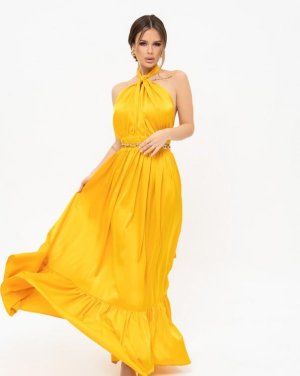 Гірчична шовкова довга сукня з відкритою спиною - 8543023 - SvitStyle