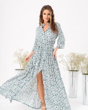 Зелена квіткова довга сукня з розрізом - 8547122 - SvitStyle