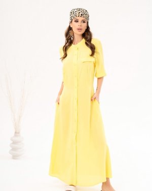 Жовта бавовняна сукня-сорочка з розрізами - 8550721 - SvitStyle