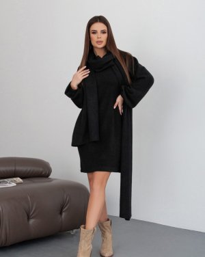 Чорна ангорова сукня з довгим поясом-палантином - 8599846 - SvitStyle