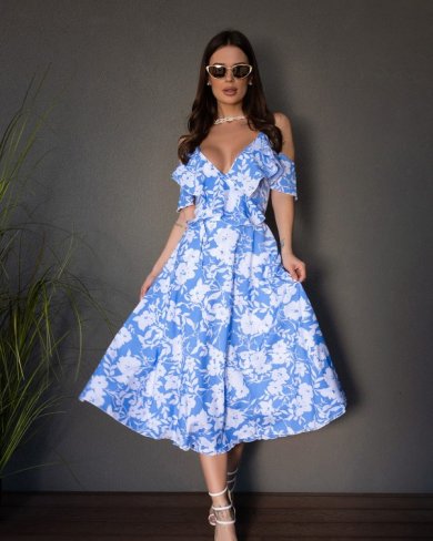 Блакитна квіткова сукня-халат з воланами - SvitStyle